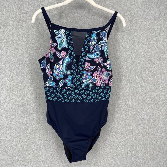 Swim Solutions Other - Swim Solutions Womens High Neck One Piece Swimsuit Size 14 Navy Blue Paisley NEW